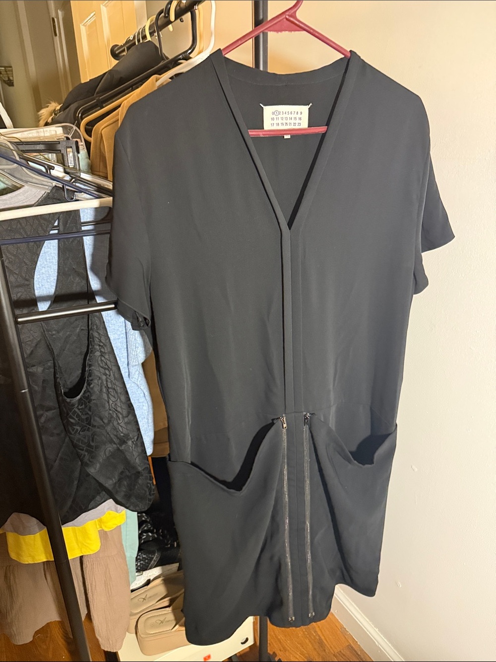 Maison Martin Margiela Black Short Sleeve V-Neck Dress with Front Zippers